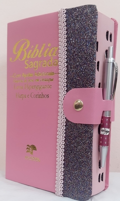 Bíblia Letra Hipergigante Com Harpa + Caneta - Capa Rosa Lisa