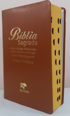 Bíblia sagrada com ajudas adicionais e harpa letra hipergigante capa luxo caramelo
