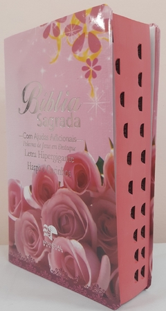 Bíblia letra hipergigante com harpa - capa luxo floral rosas