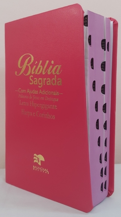 Bíblia sagrada com ajudas adicionais e harpa letra hipergigante - capa luxo pink lisa