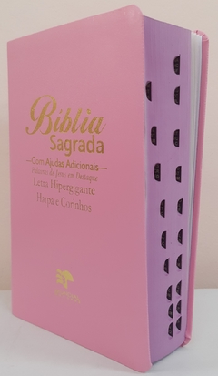 Bíblia sagrada com ajudas adicionais e harpa letra hipergigante capa luxo rosa lisa