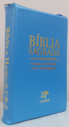 Bíblia sagrada com ajudas adicionais e harpa letra hipergigante - capa com zíper azul serenity na internet