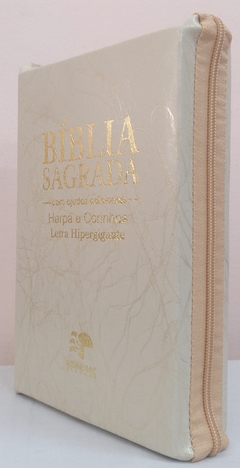 Bíblia sagrada com ajudas adicionais e harpa letra hipergigante - capa com zíper bege raiz