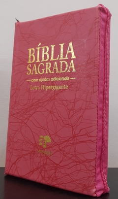 Bíblia sagrada com ajudas adicionais letra hipergigante - capa com zíper pink raiz