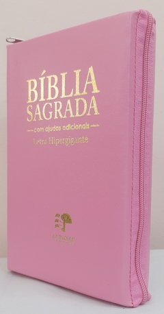 Bíblia sagrada com ajudas adicionais letra hipergigante - capa com zíper rosa lisa