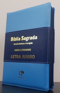 Bíblia letra Jumbo com Harpa - capa ziper azul claro com azul