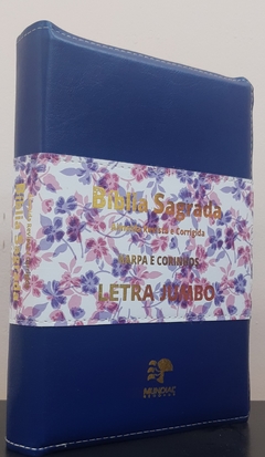 Bíblia com harpa letra jumbo - capa ziper azul com floral roxa na internet