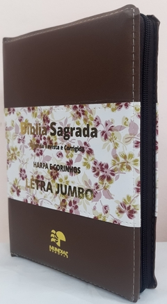 Bíblia letra jumbo com harpa - capa com ziper marrom e floral rosa