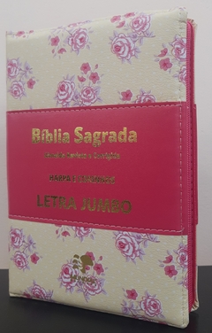 Bíblia com harpa letra jumbo - capa ziper romantic bege com pink - comprar online