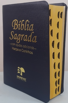 Bíblia sagrada com ajudas adicionais e harpa media - capa luxo azul marinho