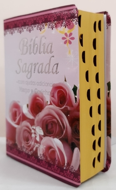 Bíblia sagrada com ajudas adicionais e harpa média capa luxo floral rosas