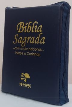 Bíblia media com harpa - capa com zíper azul marinho