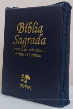 Bíblia sagrada média com ajudas adicionais e harpa - capa com zíper azul marinho
