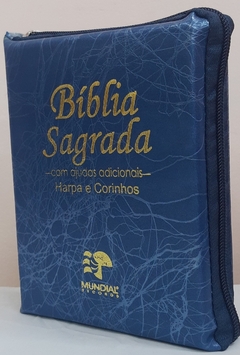 Bíblia sagrada média com ajudas adicionais e harpa - capa com zíper azul raiz