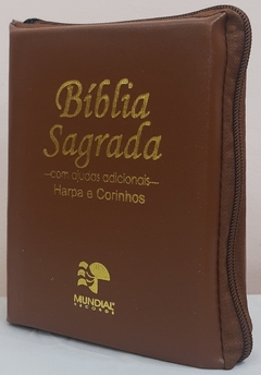 Bíblia sagrada média com ajudas adicionais e harpa - capa com zíper caramelo