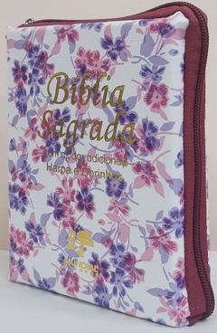 Bíblia sagrada média com ajudas adicionais e harpa - capa com zíper floral roxa