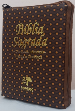 Bíblia média com harpa - capa com zíper marrom bolinhas