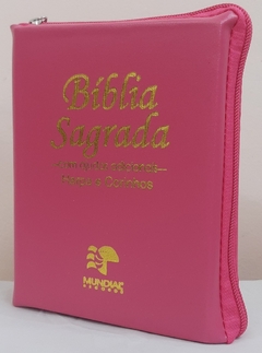 Bíblia sagrada média com ajudas adicionais e harpa - capa com zíper pink lisa
