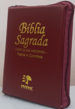 Bíblia sagrada média com ajudas adicionais e harpa - capa com zíper vinho