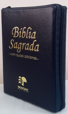 Bíblia sagrada média - capa com zíper azul marinho