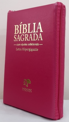 Bíblia sagrada com ajudas adicionais letra hipergigante - capa com zíper pink lisa