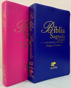Bíblia sagrada do casal letra gigante com harpa capa luxo azul + pink lisa - comprar online
