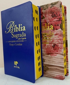 Bíblia sagrada do casal letra gigante com harpa capa luxo azul + romantic vermelha