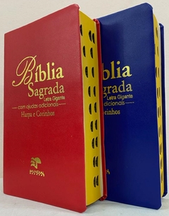 Bíblia sagrada do casal letra gigante com harpa capa luxo azul + vermelha