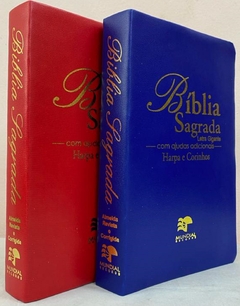 Bíblia sagrada do casal letra gigante com harpa capa luxo azul + vermelha - comprar online