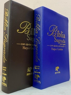 Bíblia sagrada do casal letra gigante com harpa capa luxo café + azul - comprar online