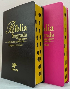 Bíblia sagrada do casal letra gigante com harpa capa luxo café + pink lisa