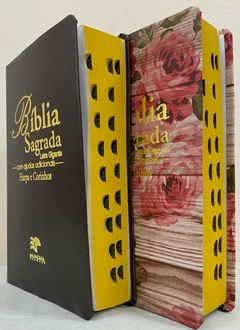 Bíblia sagrada do casal letra gigante com harpa capa luxo café + romantic