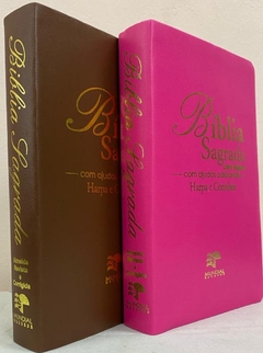 Bíblia sagrada do casal letra gigante com harpa capa luxo caramelo + pink lisa - comprar online