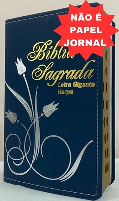 Bíblia letra gigante com harpa - capa luxo elegance flor azul marinho