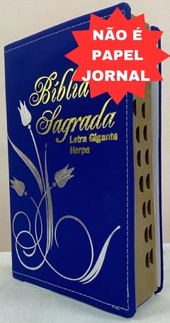 Bíblia letra gigante com harpa - capa luxo elegance flor azul royal
