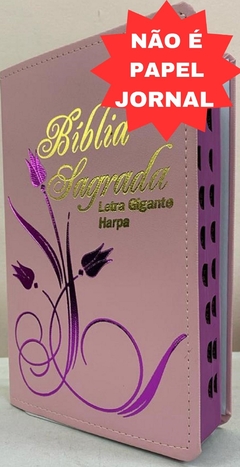 Bíblia letra gigante com harpa - capa luxo elegance flor rosa