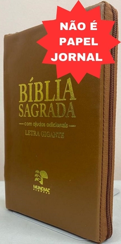 Bíblia sagrada letra gigante - capa com ziper caramelo