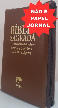 Bíblia sagrada com ajudas adicionais e harpa letra hipergigante - capa com zíper caramelo
