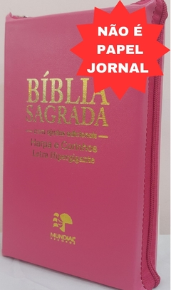 Bíblia letra hipergigante com harpa – capa com zíper pink lisa