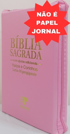 Bíblia sagrada letra hipergigante com harpa – capa com zíper rosa lisa