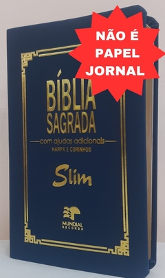 Bíblia slim ultrafina com ajudas adicionais e harpa - capa luxo azul marinho