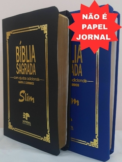 Kit 2 biblia slim ultrafina com ajudas adicionais - capa luxo preta + azul royal