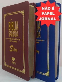 Kit 2 biblia slim ultrafina com ajudas adicionais - capa luxo vinho + azul royal