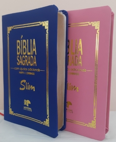 Kit 2 biblia slim ultrafina com ajudas adicionais - capa luxo azul royal + rosa