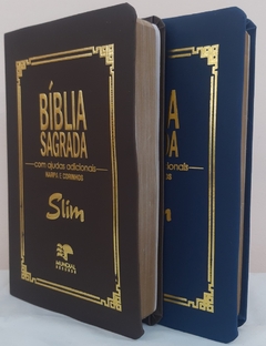 Kit 2 biblia slim ultrafina com ajudas adicionais - capa luxo marrom + azul marinho