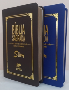 Kit 2 biblia slim ultrafina com ajudas adicionais - capa luxo marrom + azul royal