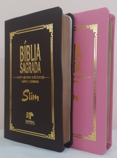 Kit 2 biblia slim ultrafina com ajudas adicionais - capa luxo marrom + rosa