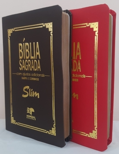 Kit 2 biblia slim ultrafina com ajudas adicionais - capa luxo marrom + vermelha