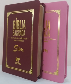 Kit 2 biblia slim ultrafina com ajudas adicionais - capa luxo vinho + rosa