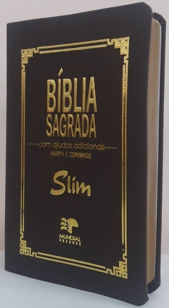 Bíblia slim com ajudas adicionais e harpa - capa luxo marrom